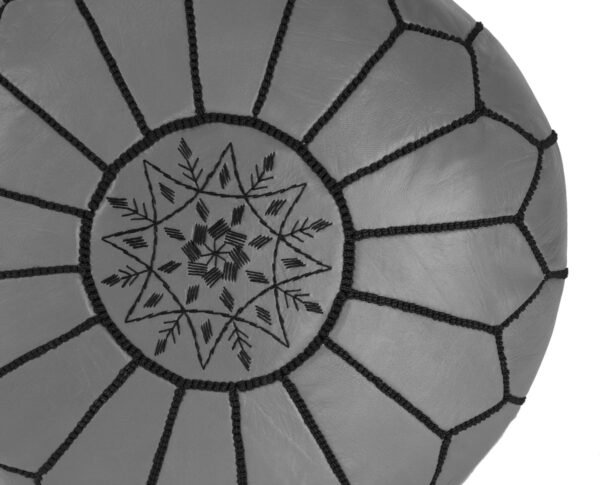 Embroidered Leather Pouf, Black on Grey 2