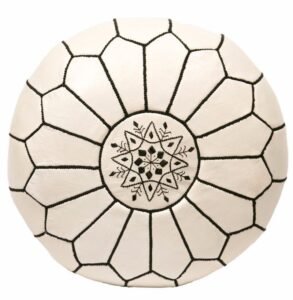 Embroidered Leather Pouf, Black on White