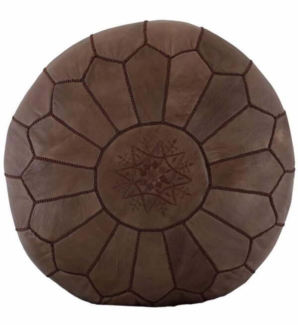 Embroidered Leather Pouf, Brown on Brown