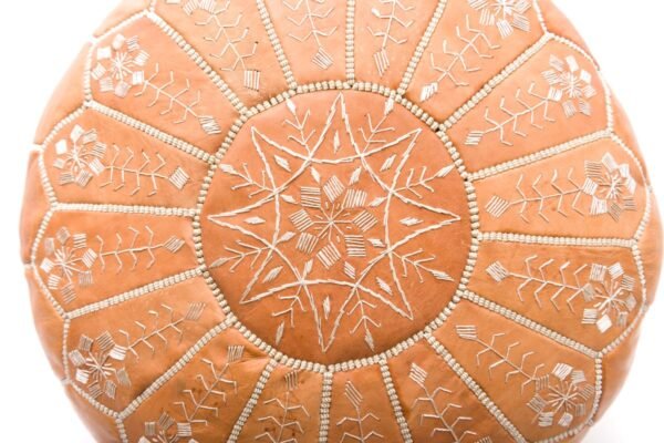 Embroidered Leather Pouf, Natural Desert Starburst Stitch - Image 3