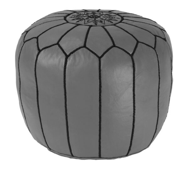 Embroidered Leather Pouf, Black on Grey 3