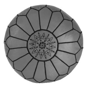 Embroidered Leather Pouf, Black on Grey