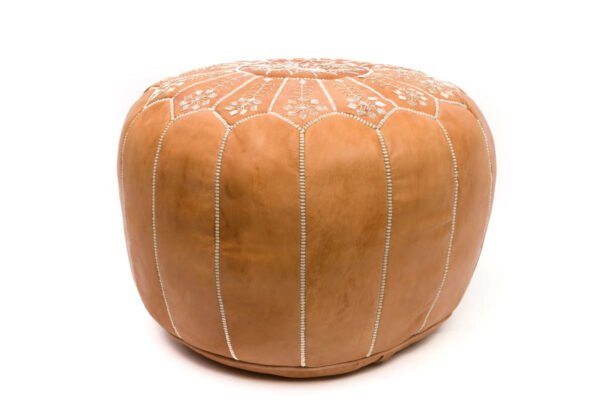 Embroidered Leather Pouf, Natural Desert Starburst Stitch - Image 4
