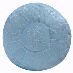 Embroidered Leather Pouf, Baby Blue Starburst Stitch